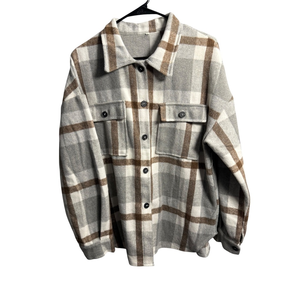 Womens Plaid Shacket Button Down Shirt Jacket Grey Brown White Size L 464